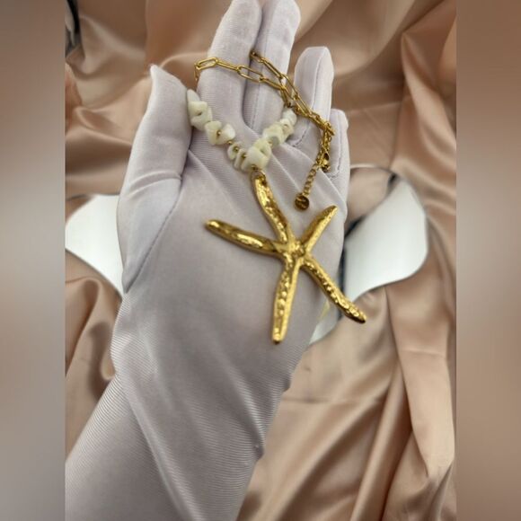 Gold Starfish & Natural Shell Necklace – Coastal Chic Statement Piece - Picture 12 of 12